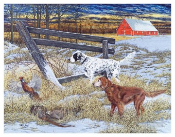 Animal Painting - Perros de caza y ánade real en cachorro de invierno.